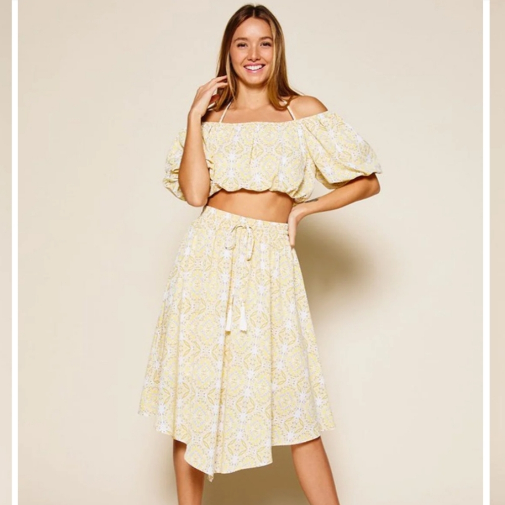 WOMEN'S OFF SHOULDER TOP & MIDI SKIRT MULTI PRINT SET